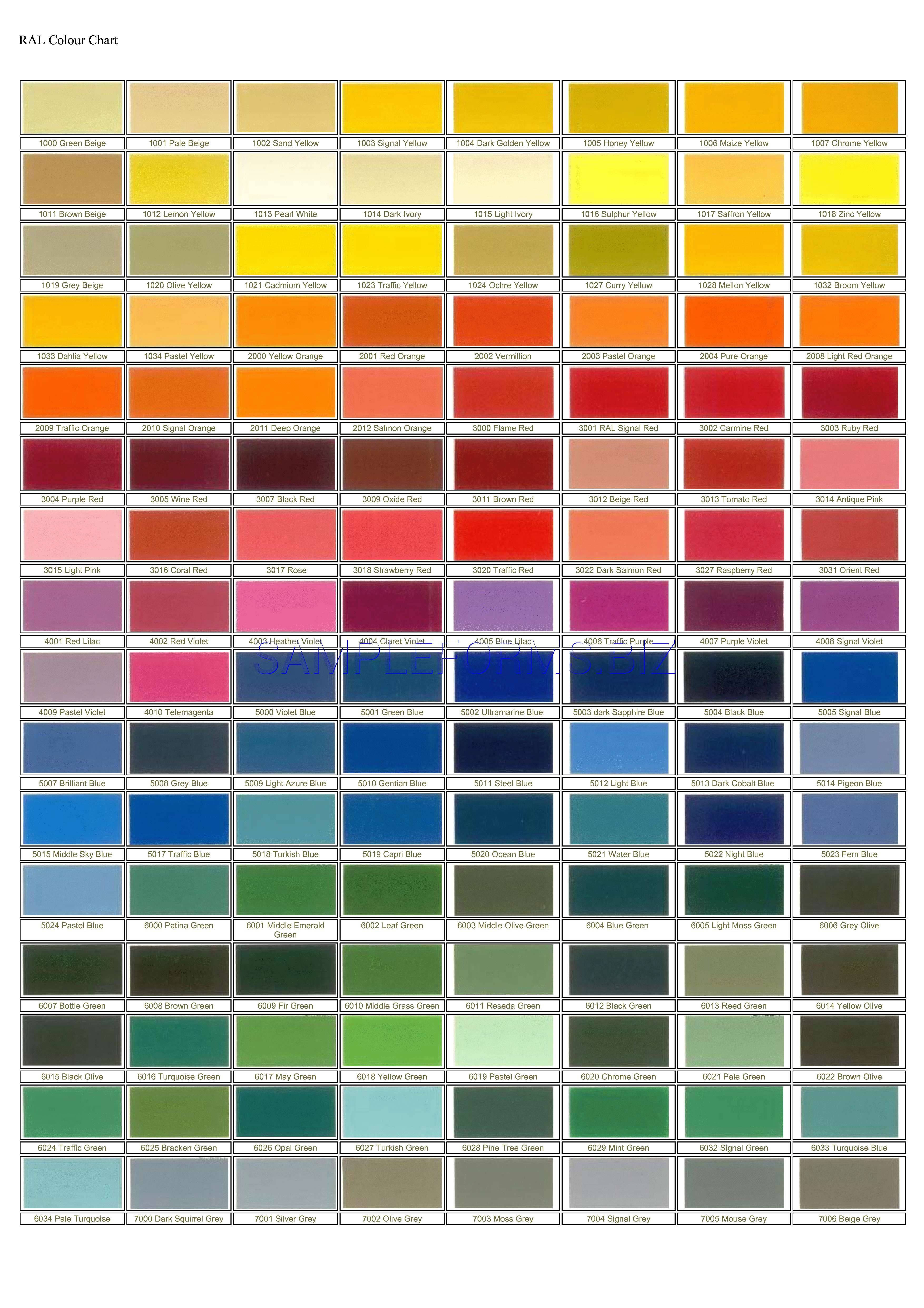 Preview free downloadable RAL Colour Chart 1 in PDF (page 1)